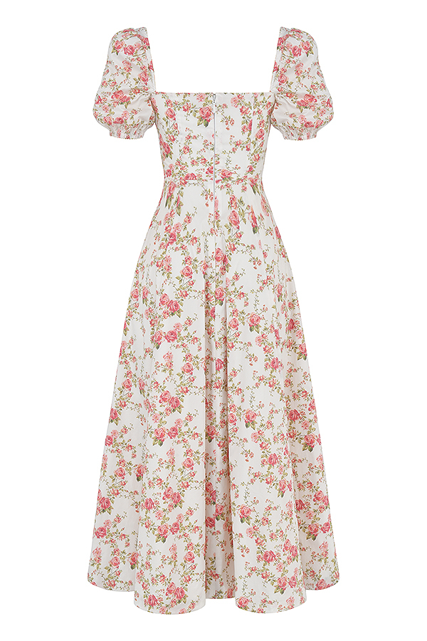 Clothing : Midi Dresses : 'Tallulah' Rose Print Puff Sleeve Midi Sundress