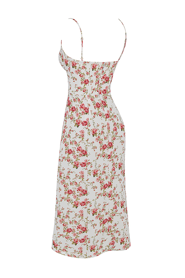 Clothing : Midi Dresses : 'Charlotte' Rose Print Corset Midi Dress