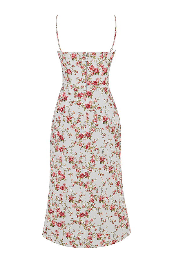 Clothing : Midi Dresses : 'Charlotte' Rose Print Corset Midi Dress
