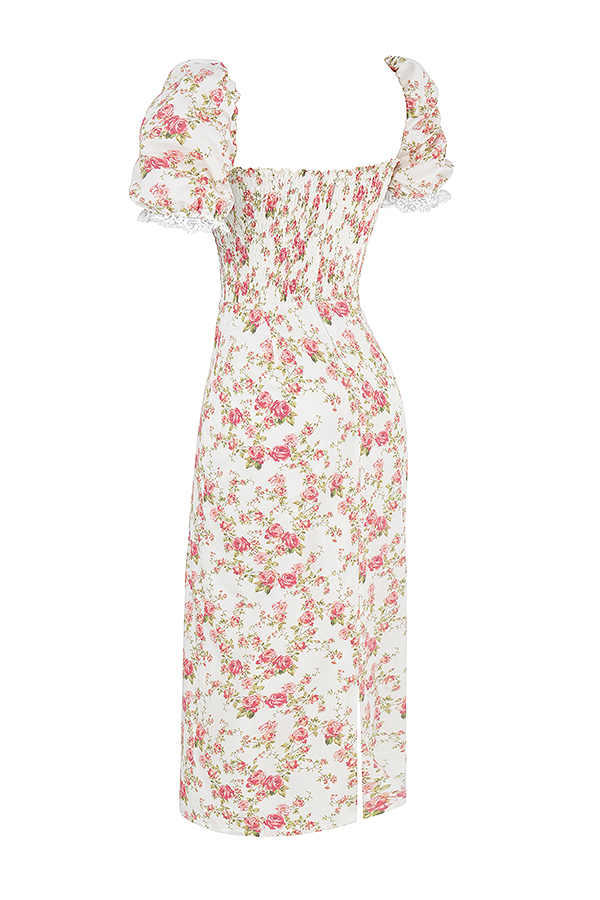 Clothing : Midi Dresses : 'Bellucci' Rose Print Shirred Sundress