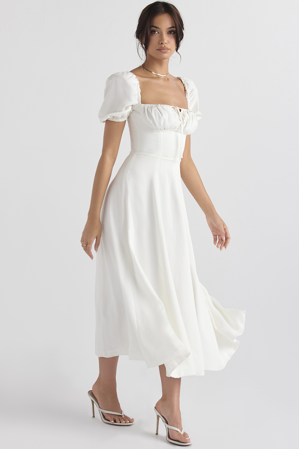 Clothing : Midi Dresses : 'Tallulah' White Puff Sleeve Midi Dress