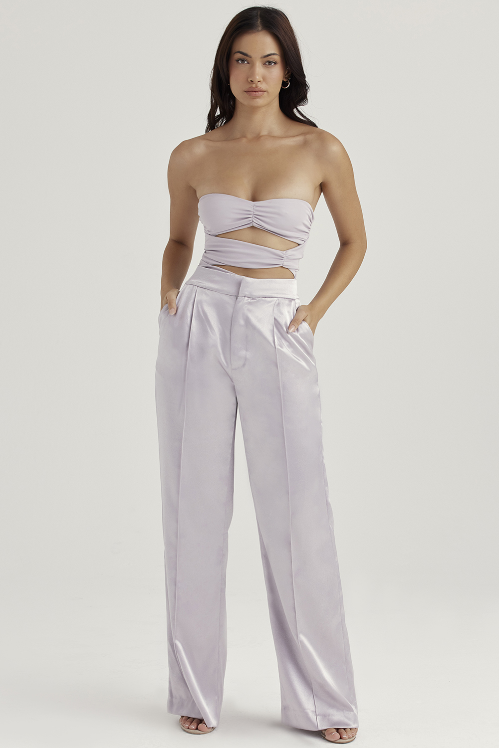 Clothing : Trousers : 'Alivia' Grey Satin Loose Fit Trousers