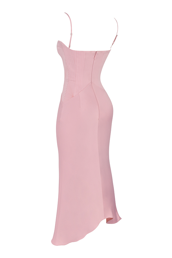 Clothing : Midi Dresses : 'Imogen' Rose Pink Satin Corset Midi Dress