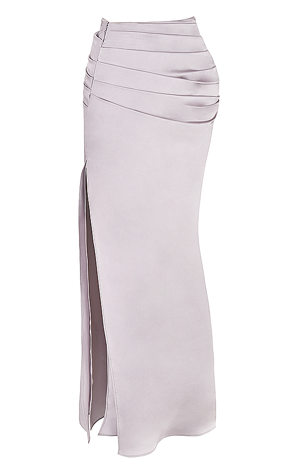 Clothing : Skirts : 'Jia' Silver Satin Gathered Maxi Skirt