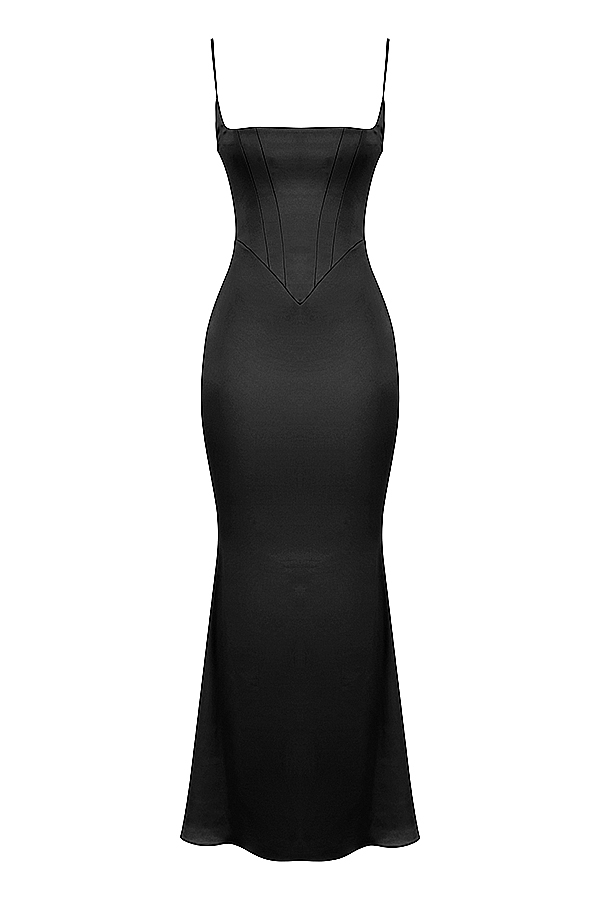 Clothing : Maxi Dresses : 'Olivette' Black Satin Corset Maxi Dress