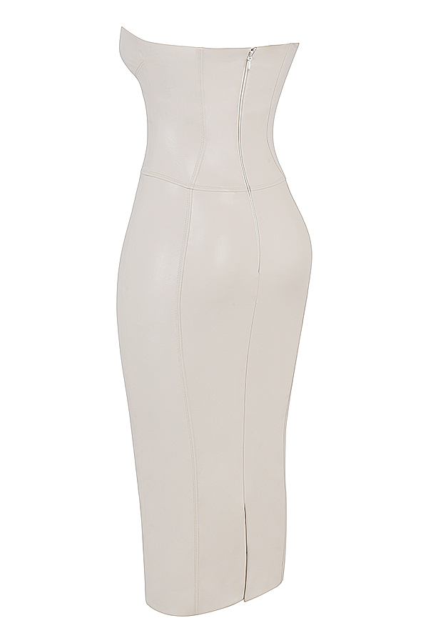 Clothing : Midi Dresses : 'Camilla' Ivory Vegan Leather Strapless Dress