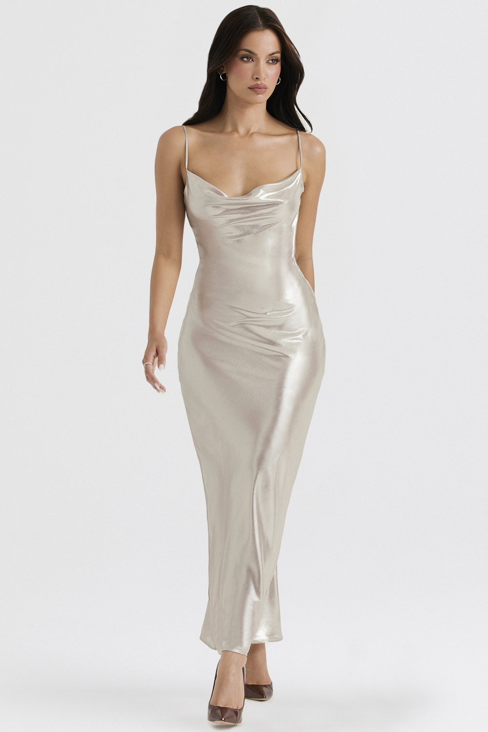Clothing : Maxi Dresses : 'Leia' Champagne Shimmer Low Back Maxi Dress