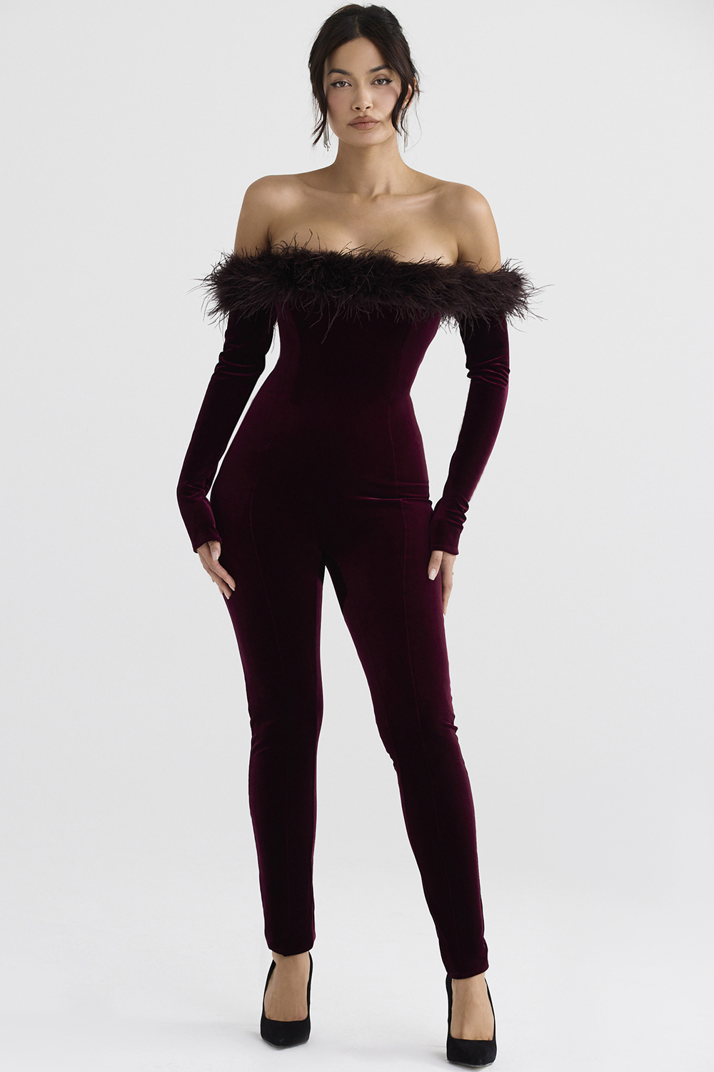 Clothing : Jumpsuits : 'Salima' Black Cherry Velvet Jumpsuit