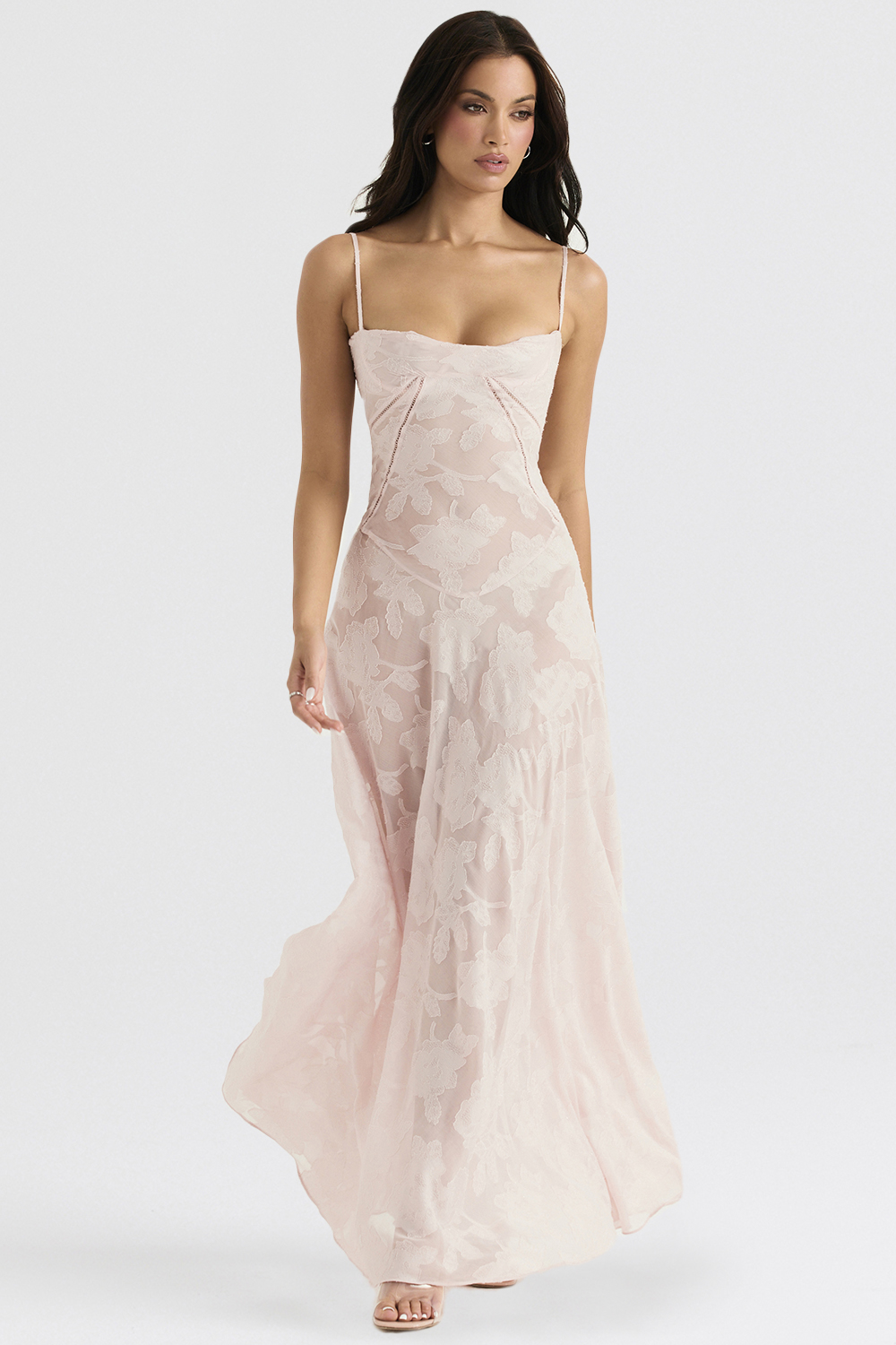 Clothing : Maxi Dresses : 'Seren' Soft Pink Floral Lace Back Maxi Dress