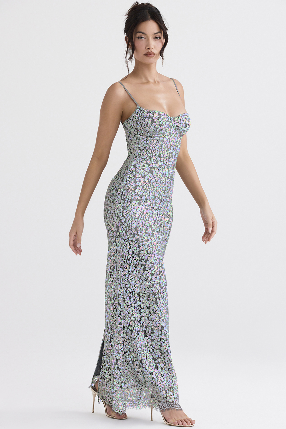 Clothing : Maxi Dresses : 'Katja' Silver Metallic Lace Corset Dress