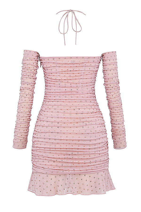 Clothing : Mini Dresses : 'Estella' Soft Pink Crystallised Dress