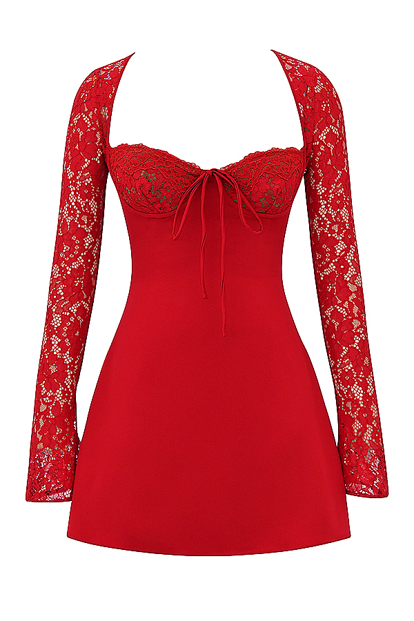 House of CB 'Jennica' Red Rose Satin and Lace Mini Dress