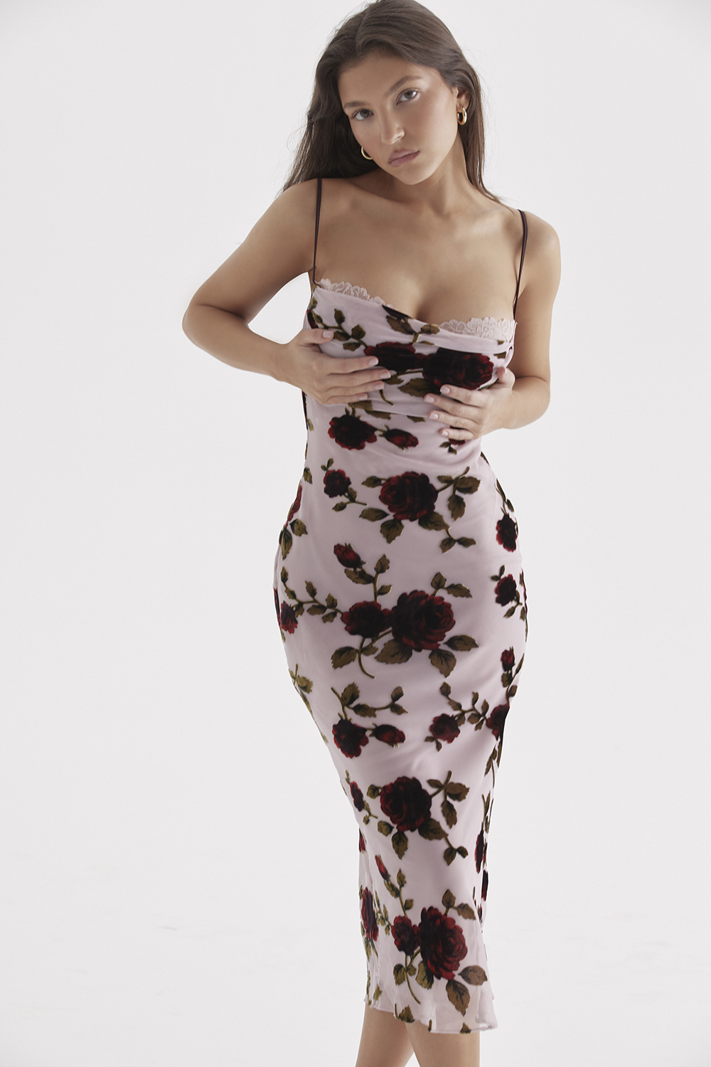 Clothing : Midi Dresses : 'Azura' Pink Devore Midi Dress