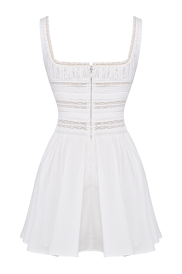 Clothing : Mini Dresses : 'Tiffani' White Lace Trim Mini Dress