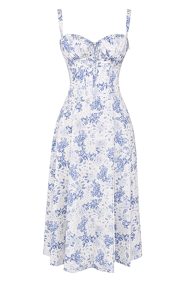 Clothing : Midi Dresses : 'Carmen' Blue Print Bustier Sundress
