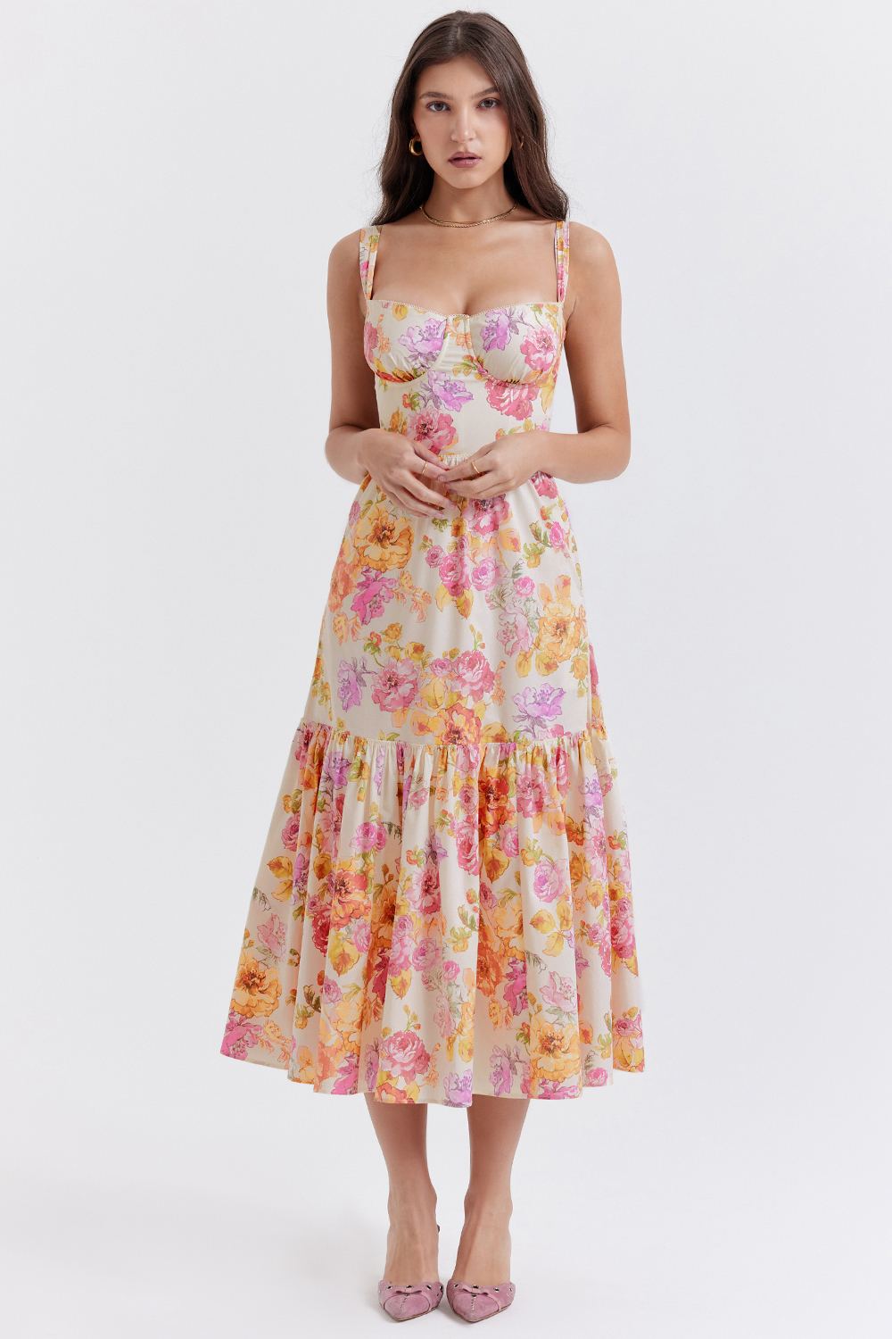 Clothing : Midi Dresses : 'Elia' Ivory Floral Midi Sundress