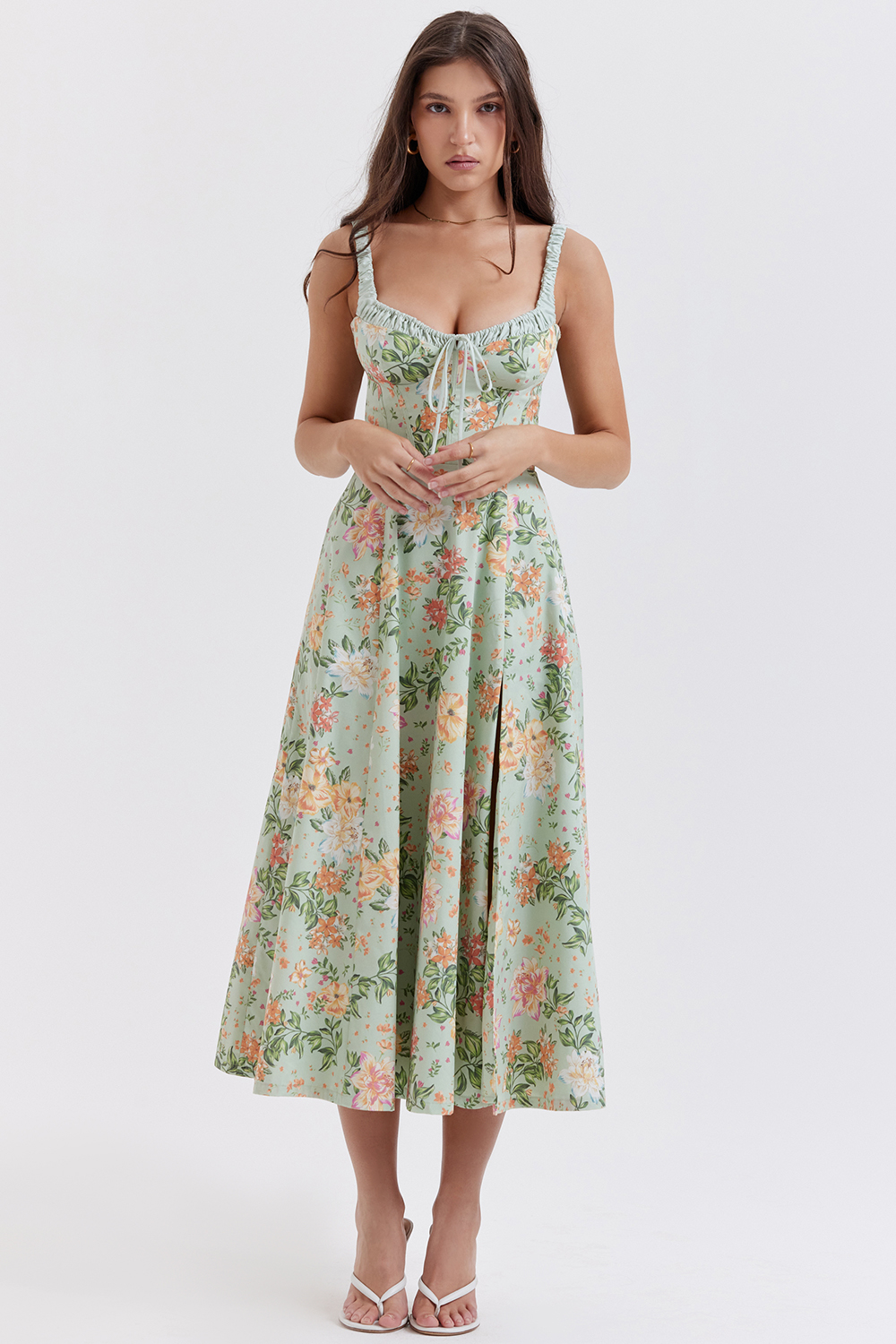 Clothing : Maxi Dresses : 'Sabrina' Light Jade Print Bustier Sundress