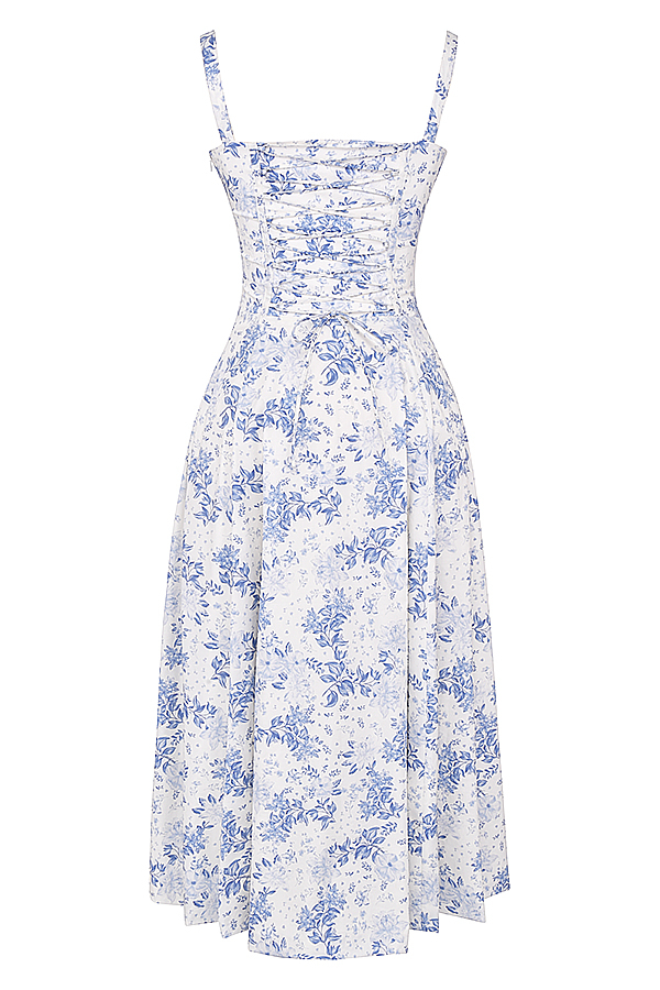 Clothing : Midi Dresses : 'Carmen' Blue Print Bustier Sundress