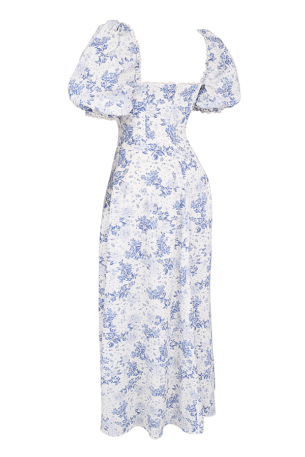 Clothing : Maxi Dresses : 'Felizia' Blue Print Puff Sleeve Sundress