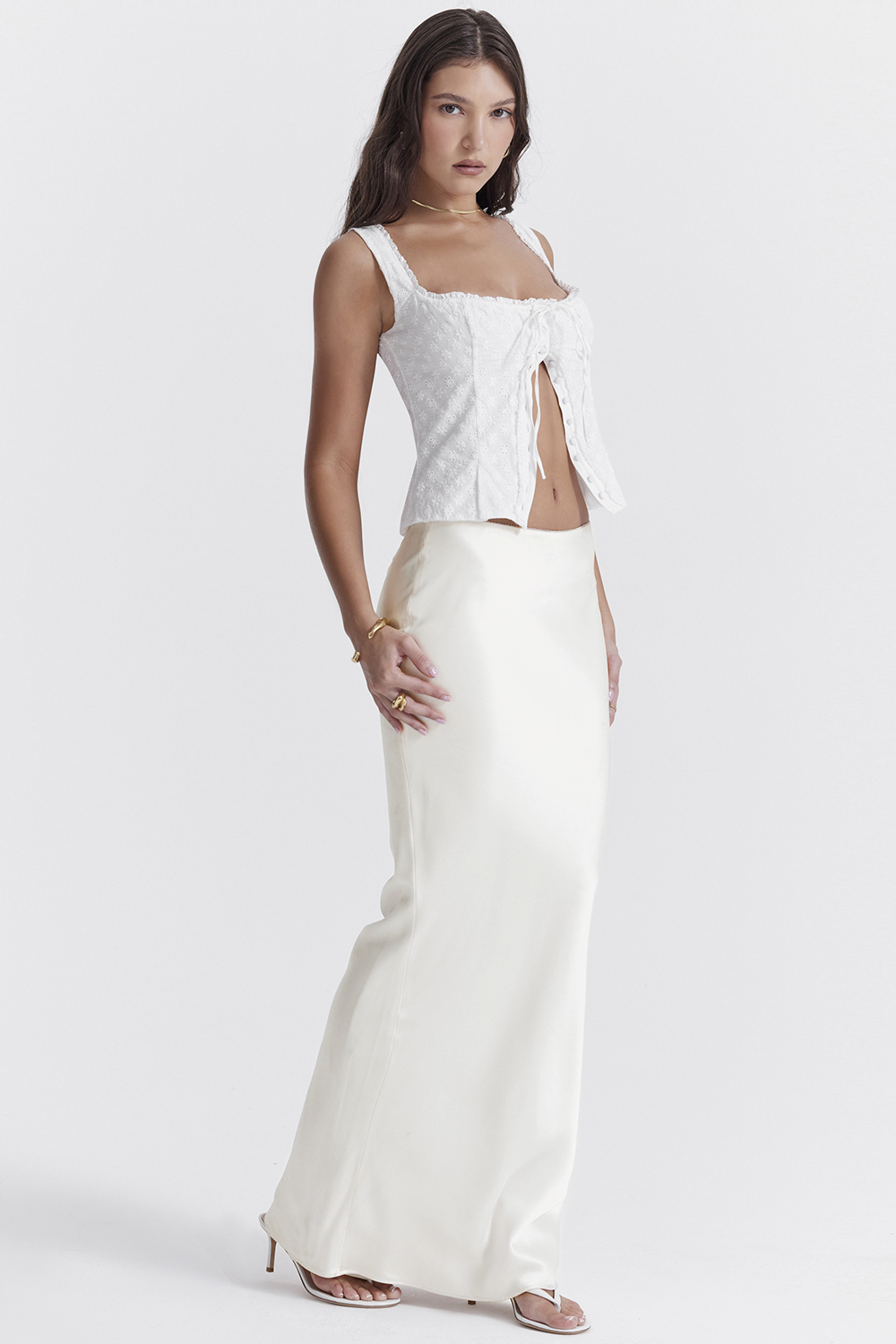 Clothing : Skirts : 'Sydel' White Satin Bias Cut Maxi Skirt