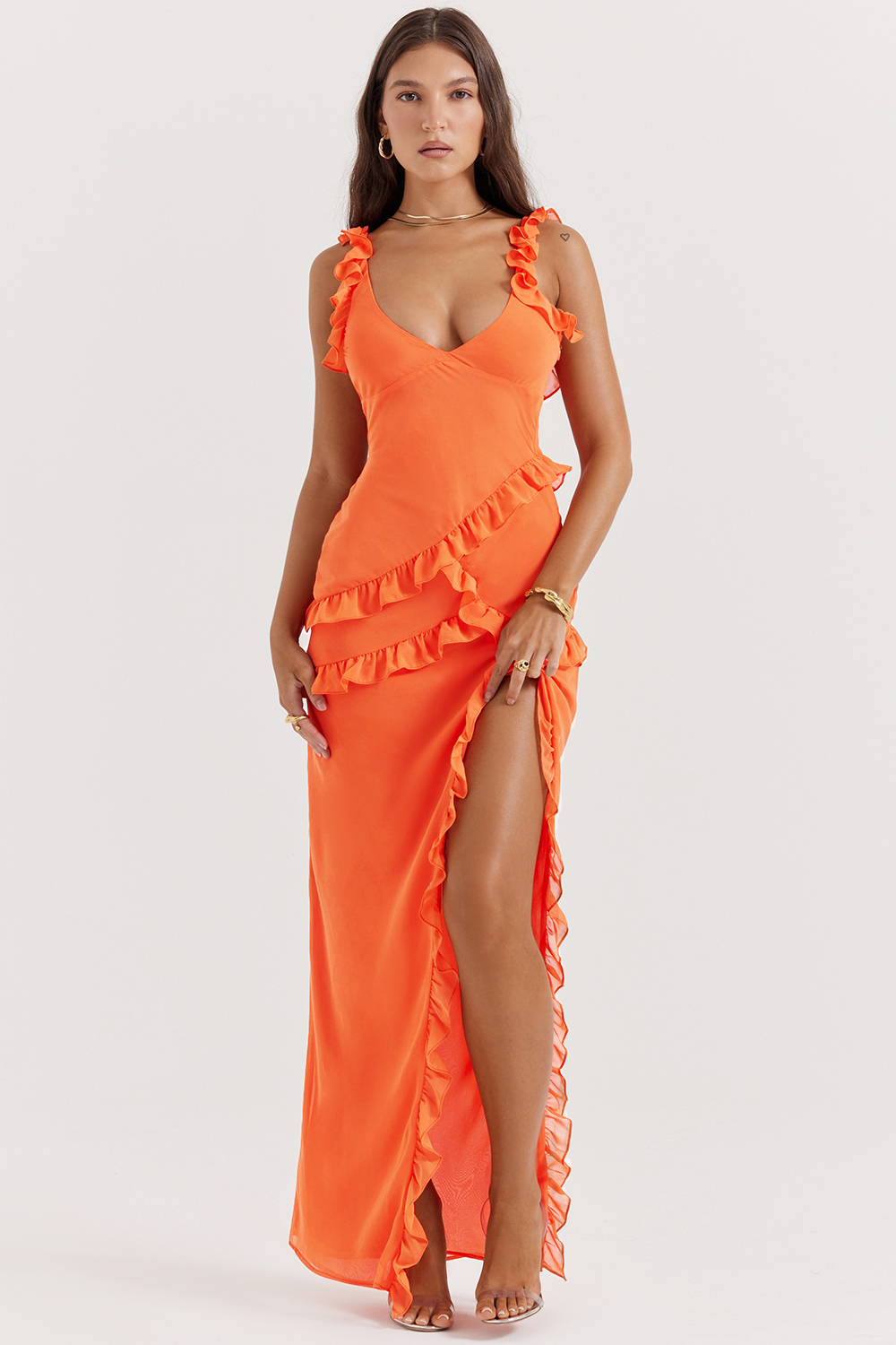Clothing : Maxi Dresses : 'Pixie' Flame Orange Ruffle Maxi Dress