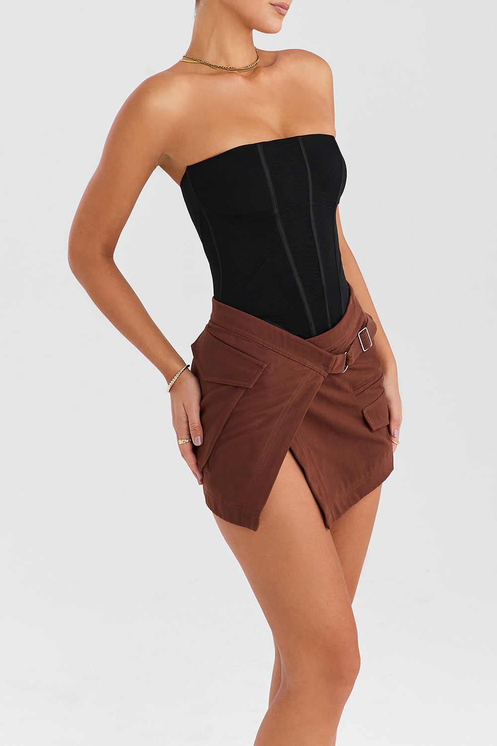 Clothing : Skirts : Mistress Rocks Cocoa Asymmetric Cargo Mini Skirt