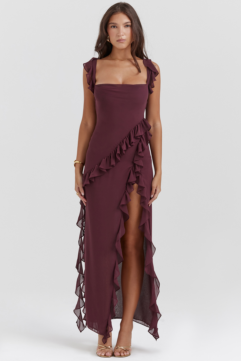 Clothing : Maxi Dresses : 'Ariela' Mulberry Ruffle Maxi Dress